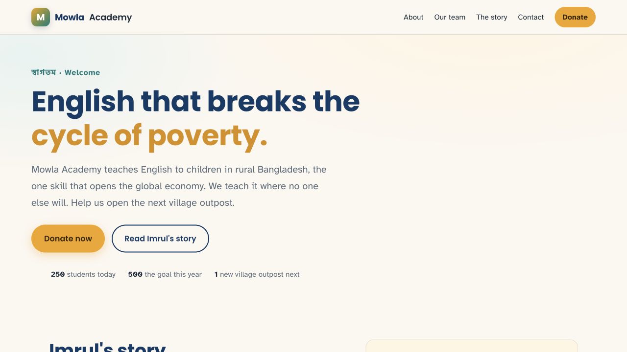 Actual Mowla Academy homepage: cream background, navy and gold heading, and story and donation links. Captured September 8, 2026; the academy’s figures are not independently audited.